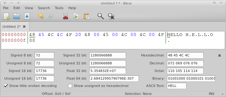 Single- and multi-byte character encoding of "hello" next to each other (separated by a space character "0x20")